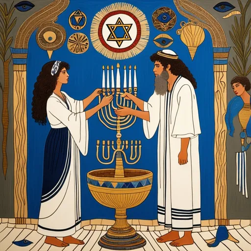 Prompt: elaborate embroided dark blue modest fringed dusty white dress with jewish symbols, torah ark covering, olive skin unhappy jewish couple with headwrap, kippa,  and dark curly hair, jewish sidelocks, clothes with blue jewish stripes and fringes and black leather bands, brown leather sandals, man and woman is in jerusalem detailed holy valves dark wood gold fountain jewish symbols menorah,  ancient civilization, jewish art, fringes, holding 7 armed candle menorah in hands, cultic, rituals, holding a papyrus scroll, mikve, fountain, spring pool, gemstones, biblical immersion pool, baptism in pool, in the style of a 19th century european realist painting 
