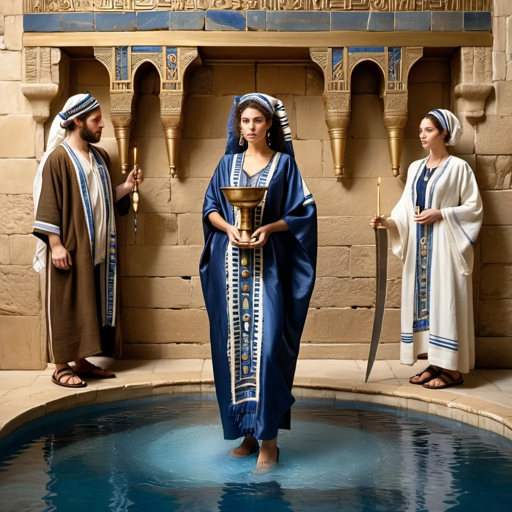 Prompt: elaborate embroided dark blue modest fringed dusty white dress with jewish symbols, torah ark covering, olive skin unhappy jewish couple with headwrap, kippa, and dark curly hair, jewish sidelocks, clothes with blue jewish stripes and fringes and black leather bands, brown leather sandals, man and woman is in jerusalem detailed holy valves dark wood gold fountain jewish symbols menorah, ancient civilization, jewish art, fringes, holding 7 armed candle menorah in left hand and bronze knife in right hand, cultic, rituals, holding a papyrus scroll, mikve, fountain, spring pool, gemstones, biblical immersion pool, baptism in pool, in the style of a 19th century european realist painting