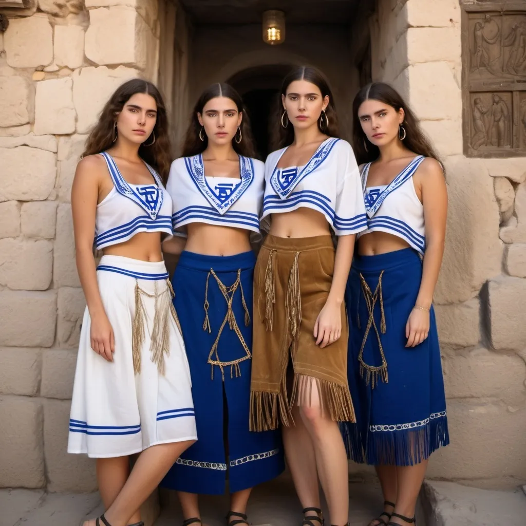 Prompt: 3 olive skin jewish women in trendy casual elaborate embroided crop top with dark blue jewish symbols white fringes, of the shopulder, fringes, torah ark covering, the 3 olive skin women have blue bandanas, skirt has jewish stripes prayer shawl and fringes, gold jewelry, nose piercing, standing on a biblcial ruin, leather sandals
