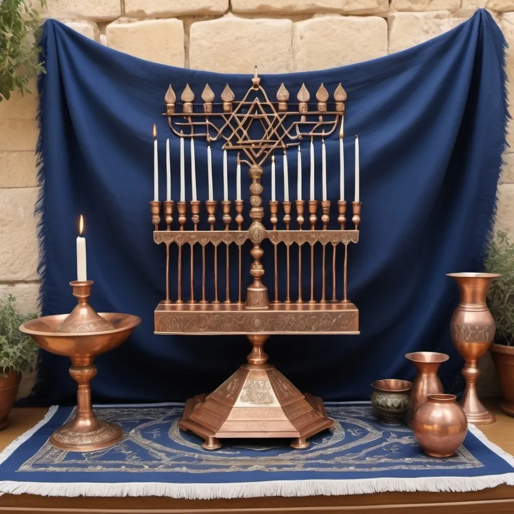 Prompt: elaborate embroided dark blue modest fringed dusty fringes white dress with jewish symbols on jewish women, torah ark covering ,on table, olive skin, elaborate, detailed, scrolls incense on table  embroided,  black jewish stripes and fringes and on women bandana fringes, big columns, brown leather ,  in Jerusalem and dead sea, detailed holy valves, mural, copper menorah, hebrew jewel crystals, copper fountain jewish symbols, ancient civilization, 5 menorahs on the floor jewish art, fringes, flowers, cultic, rituals, a papyrus scroll, dead sea view, mikve, fountain, spring pool, sunny day, gemstones, biblical immersion pool, female warrior, sofas, praying jews, pomegranate tree, ,next to the dead sea, landscape view,, in the style of a 19th century european realist painting
