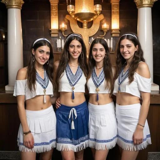 Prompt: olive skin jewish women in trendy casual elaborate embroided crop top with dark blue jewish decorations white fringes, of the shoulder, party outfit, fringes, torah ark covering, the olive skin women have blue bandanas, skirt has jewish stripes prayer shawl and fringes, gold jewelry, nose piercing, standing on a biblcial ruin, leather sandals, white fringes tzitzit, night club instagram pose outfit,
brown leather sandals, lesbian women are in detailed holy valves dark wood gold fountain jewish symbols menorah, ancient civilization, jewish art, fringes, cultic, rituals, holding one another, mikve, sofas, lounge area in synagouge, fountain, spring pool, gemstones, biblical immersion pool, baptism in pool, in the style of a 19th century european realist painting
