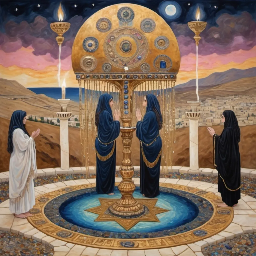 Prompt: elaborate abstract gustav klimt jugend painting, embroided dark blue fringed spiritual jewelry fringes white with jewish symbols on brown skinned mizrahi jewish woman flying, magic fringes bandana, leather sandals, golden foot link, eyes torah ark covering, fringed striped skirt, smoke and steam coming from pottery ,3 women praying on the ground kissing the earth, , elaborate, eyes, jewish, crystals growing, detailed, standing on in jerusalem hill, pink and gold sky, incense embroided, black jewish stripes and fringes and on women fringes, big columns, in Jerusalem and dead sea, detailed holy valves,, hebrew 3 women praying on the ground kissing the earth fountain jewish symbols, ancient civilization, jewelry, menorah, jewish art, fringes, flowers, cultic, rituals, dead sea view, mikve, fountain, visual illusions, spring pool, sunset, menorah, illusion, jewish stars, smoke, hypnotic, beauty, gemstones, sculpture, biblical immersion pool, 3 women praying elaborate on the ground kissing the earth, female warrior, praying jews, war battle, mystery, next to the dead sea, landscape view,, in the style of a gustav klimt painting, in the style of detailed gustav klimt vienna secession painting 
