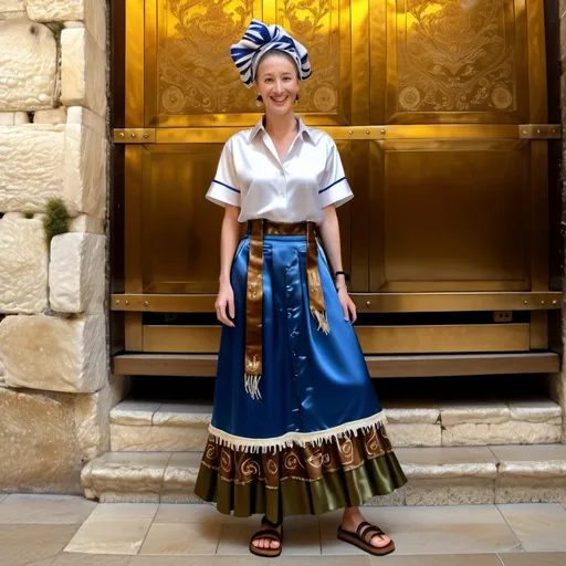 Prompt: elaborate jewish embroided satin blue brown modest skirt with jewish symbols fringes, torah ark covering, olive skin princess with headwrap shawl, no hair, shirt has jewish pattern and fringes, leather sandals, old women is in jerusalem western wall, stripes, fringes, haredi, hassidic, holdin golden rod
