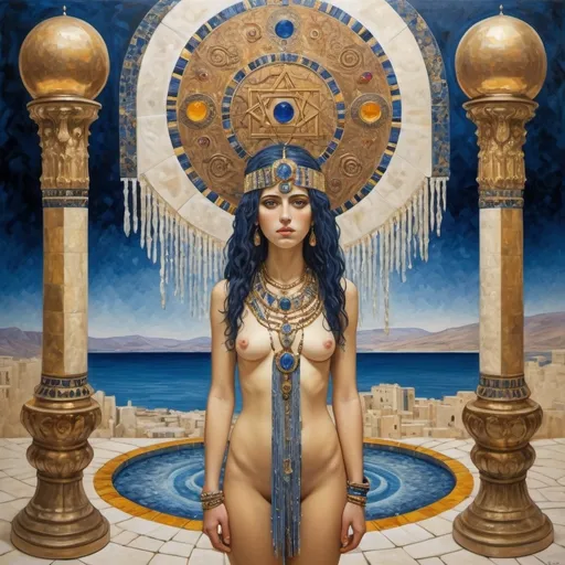 Prompt: elaborate abstract gustav klimt jugend painting, embroided dark blue modest fringed spiritual jewelry fringes white with jewish symbols on brown skinned mizrahi jewish woman flying, magic fringes bandana, leather sandals, golden foot link, eyes torah ark covering, fringed striped skirt, smoke and steam coming from pottery ,alchemist, , elaborate, eyes, jewish, crystals growing, detailed, standing on desert spring, incense embroided, black jewish stripes and fringes and on women fringes, big columns, brown leather , in Jerusalem and dead sea, detailed holy valves,, hebrew crystals, fountain jewish symbols, ancient civilization, jewelry, shield and sword, jewish art, fringes, flowers, cultic, rituals, dead sea view, mikve, fountain, visual illusions, spring pool, sunny day, menorah, illusion, many warriors, smoke, hypnotic, gemstones, sculpture, biblical immersion pool, crystals, female warrior, praying jews, pomegranate tree, mystery, next to the dead sea, landscape view,, in the style of a gustav klimt painting, in the style of gustav klimt vienna secession painting
