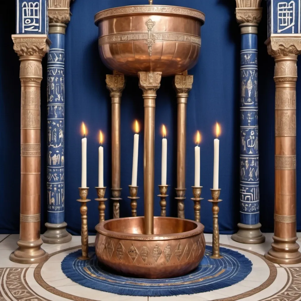 Prompt: big temple, elaborate embroided dark blue modest fringed dusty white dress with jewish symbols, torah ark covering, olive skin, elaborate, detailed, fruits and hebrew calligraphy embroided,  blue jewish stripes and fringes and black leather bands, big columns, brown leather ,  in tiberias sea of gallile, detailed holy valves, copper menorah, jewel crystals, copper fountain jewish symbols, 4 small candlestick menorahs, ancient civilization, 5 menorahs on the floor jewish art, fringes,palms trees, flowers, cultic, rituals, a papyrus scroll, mikve, fountain, spring pool, gemstones, biblical immersion pool, sofas, praying jews, bushes, date palm, blue flowers, next to a lake, in the style of a 19th century european realist painting
