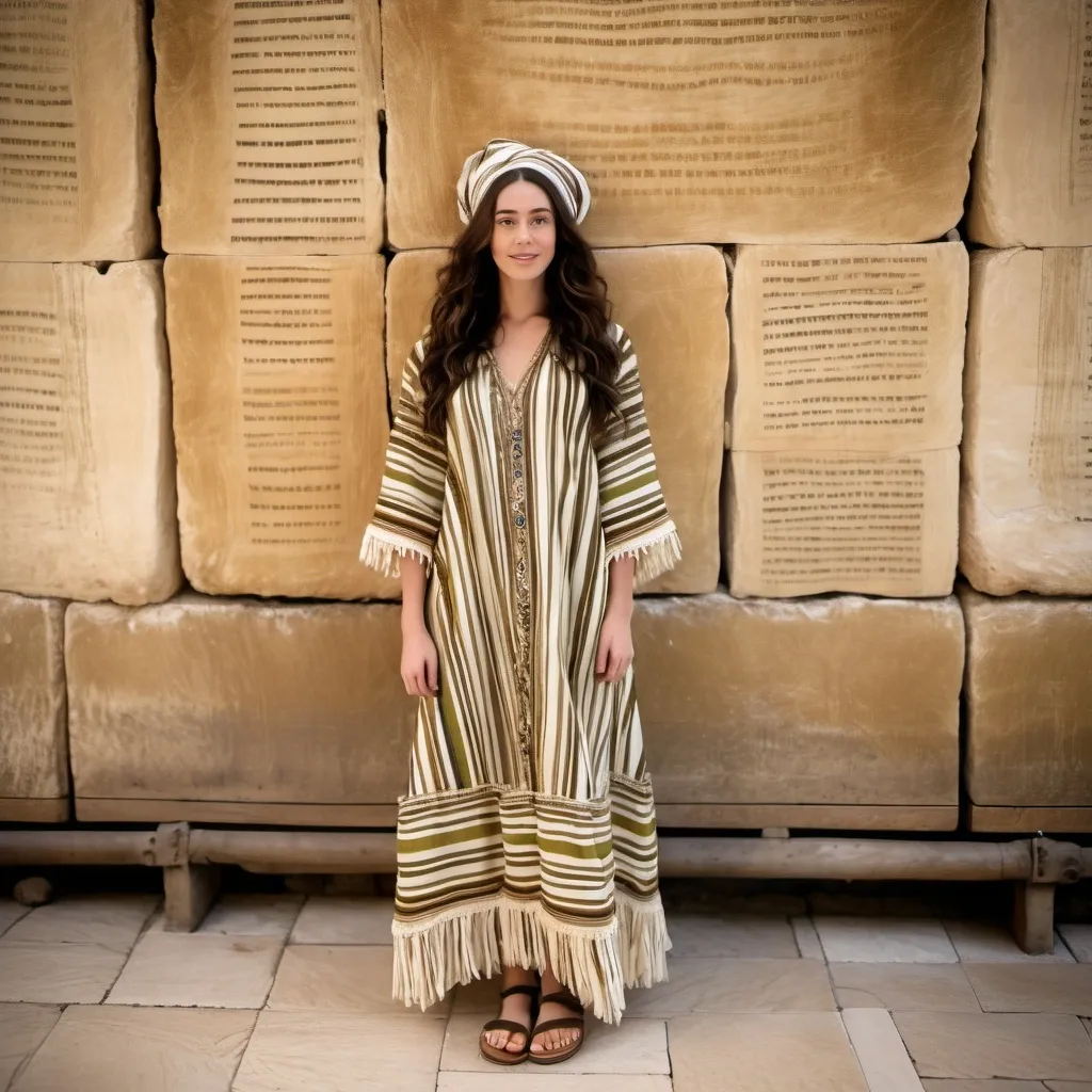 Prompt: elaborate jewish embroided earthy golden striped modest dress with jewish symbols, torah ark covering, olive skin women with headwrap shawl and dark curly hair, dress has jewish stripes and fringes, leather sandals, women is in jerusalem western wall, stripes, fringes
