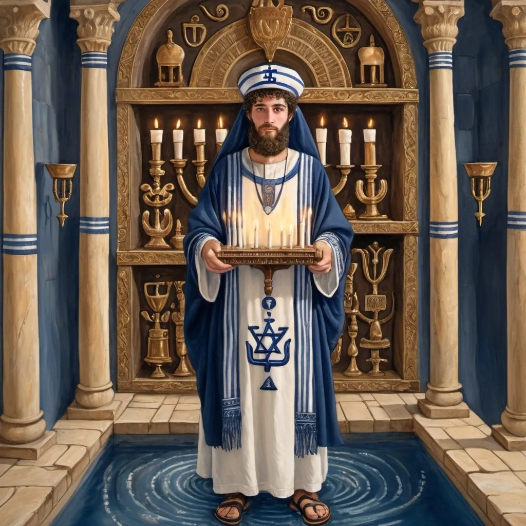 Prompt: elaborate embroided dark blue modest fringed dusty white dress with jewish symbols, torah ark covering, olive skin unhappy jewish couple with headwrap, kippa, and dark curly hair, jewish sidelocks, clothes with blue jewish stripes and fringes and black leather bands, brown leather sandals, man and woman is in jerusalem detailed holy valves dark wood gold fountain jewish symbols menorah, ancient civilization, jewish art, fringes, holding 7 armed candle menorah in hands, cultic, rituals, holding a papyrus scroll, mikve, fountain, spring pool, gemstones, biblical immersion pool, baptism in pool, in the style of a 19th century european painting
