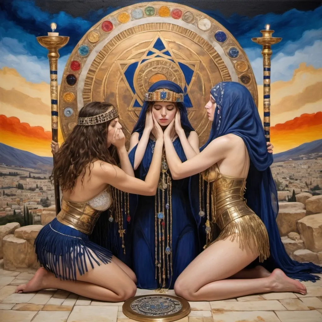 Prompt: elaborate abstract gustav klimt jugend painting, embroided dark blue fringed spiritual jewelry fringes white with jewish symbols on brown skinned mizrahi jewish woman fighting war in striped fringed clothing, magic fringes bandana, leather sandals, golden swords, eyes torah ark covering, fringed striped skirt, smoke and steam coming from pottery ,3 women fighting war and 1 on the ground kissing the earth, , elaborate, eyes, jewish, crystals growing, detailed, standing on in jerusalem hill, red and gold sky, ancient soldiers, incense embroided, black jewish stripes clothing and fringes and on women fringes, big columns, in Jerusalem and dead sea, detailed holy valves,, hebrew 3 women fighting war and 1 on the ground kissing the earth fountain jewish symbols, ancient civilization, jewelry, menorah, jewish art, fringes, flowers, cultic, rituals, dead sea view, mikve, fountain, visual illusions, knives laying down, spring pool, sunset, menorah, illusion, knives on the ground, jewish stars, smoke, hypnotic, beauty, gemstones, sculpture, biblical immersion pool, 3 women fighting war elaborate and 1 on the ground kissing the earth, female warrior, praying jews, war battle, swords in ground, mystery, next to the dead sea, landscape view,, in the style of a gustav klimt painting, in the style of gustav klimt vienna secession painting 
