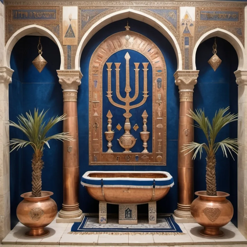 Prompt: elaborate embroided dark blue modest fringed dusty fringes white dress with jewish symbols on jewish women, torah ark covering, olive skin, elaborate, detailed, fruits and hebrew calligraphy embroided,  blue jewish stripes and fringes and black leather bands, big columns, brown leather ,  in Jerusalem and dead sea, detailed holy valves, copper menorah, jewel crystals, copper fountain jewish symbols, ancient civilization, 5 menorahs on the floor jewish art, fringes,palms trees, flowers, cultic, rituals, a papyrus scroll, dead sea view, mikve, fountain, spring pool, gemstones, biblical immersion pool, female warrior, sofas, praying jews, bushes, date palm, blue flowers, next to the dead sea, landscape view, in the style of a 19th century european realist painting
