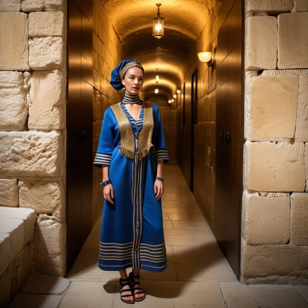 Prompt: elaborate embroided dark modest clothing with jewish symbols, torah ark covering, olive skin women with headwrap and dark hair. clothes blue jewish stripes and fringes, leather sandals with socks, women is in jerusalem western wall holy valves dark wood gold,  ancient civilization
