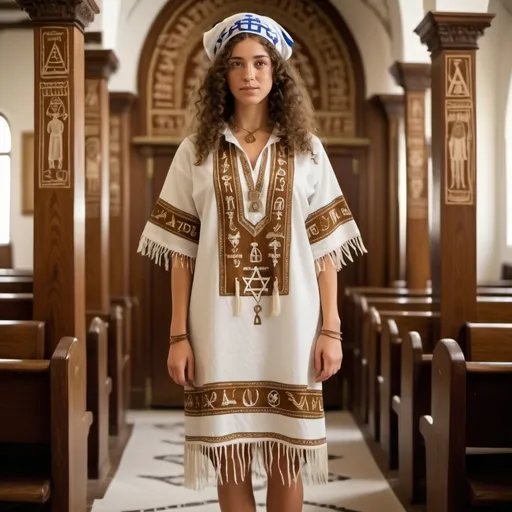 Prompt: elaborate embroided dress with jewish symbols, torah ark covering, olive skin women with bandana and curly hair. dress has jewish stripes and fringes, brown leather sandals, women is in a synagogue
