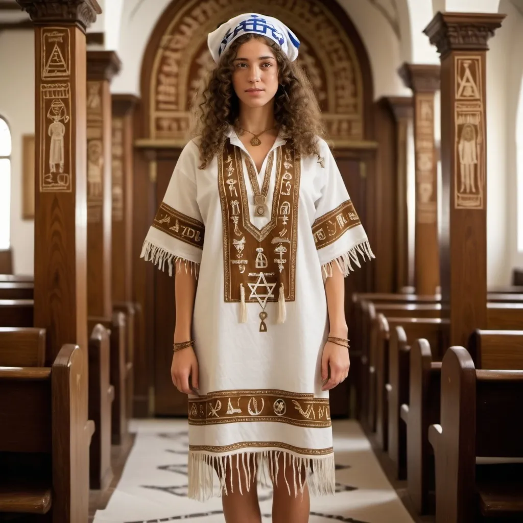 Prompt: elaborate embroided dress with jewish symbols, torah ark covering, olive skin women with bandana and curly hair. dress has jewish stripes and fringes, brown leather sandals, women is in a synagogue
