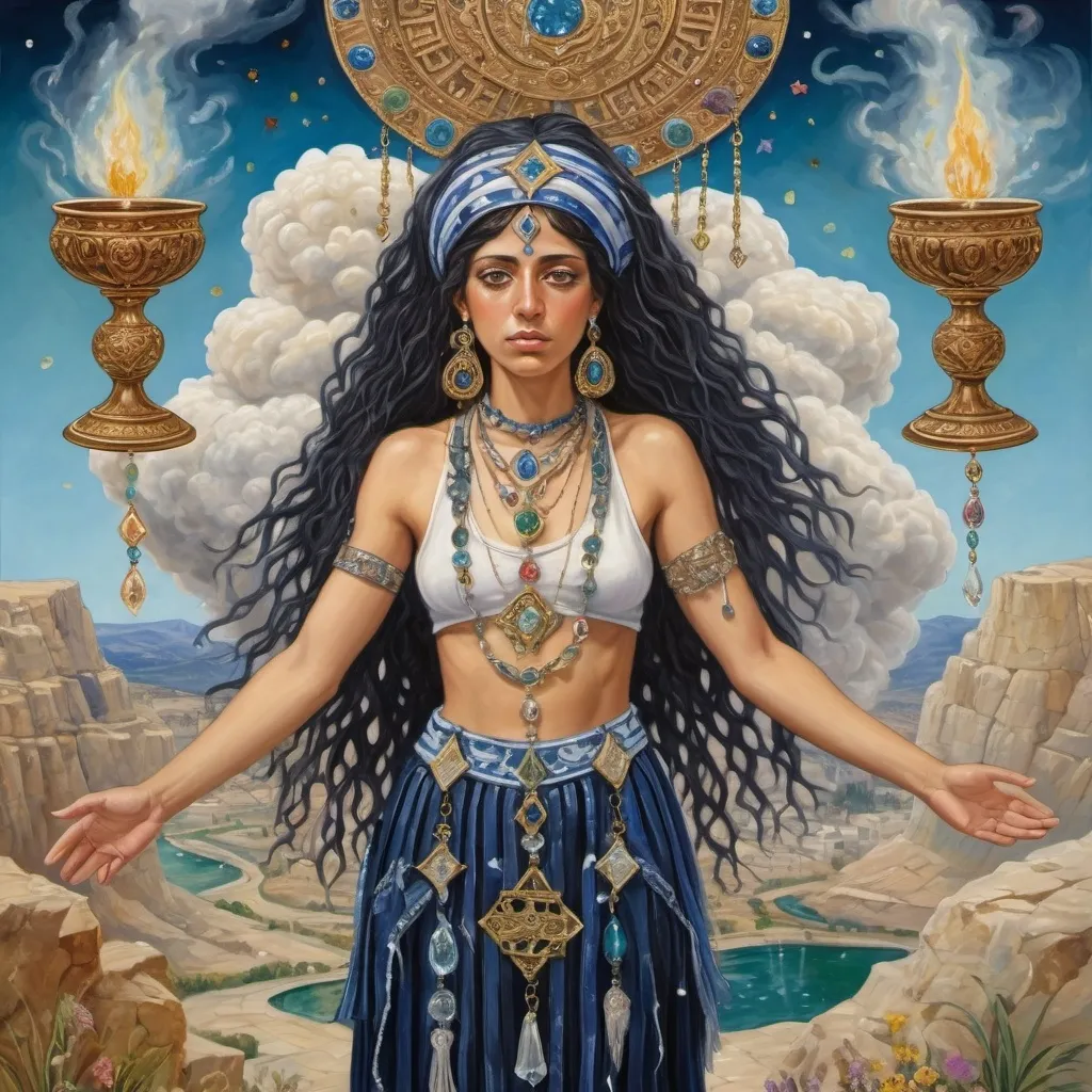 Prompt: elaborate surealism painting, embroided dark blue fringed spiritual jewelry fringes white with jewish symbols on two brown skinned mizrahi jewish women flying holding hands, magic fringes cloth bandana, colorfull flowers and leaves floating in the green sky, rainy day, leather sandals, swords and bow and arrow with eyes, golden foot link, eyes torah ark covering, fringed striped skirt, smoke and steam coming from pottery ,alchemist, , gloating crown, elaborate, eyes, jewish, two women floating in space, crystals growing, detailed, standing on in jerusalem hill, incense embroided, black jewish clothing stripes and fringes and on 2 women, fringes, prayer shawl, in Jerusalem and dead sea, detailed holy valves, hebrew crystals, fountain jewish symbols, black hair olive skin, ancient civilization, jewelry, levitating, menorah, 2 women supporting eachother femenism, glitter, shining art, jewish art, fringes, flowers, cultic, rituals, dead sea view, visual illusions, spring pool, rain, menorah, illusion, jewish stars, smoke, hypnotic, gemstones, sculpture, biblical, clouds, crystals, warrior, praying jews, ancient mound, mystery, next to the dead sea, landscape view,, in the style of a surealist painting, in the style of klimt painting
