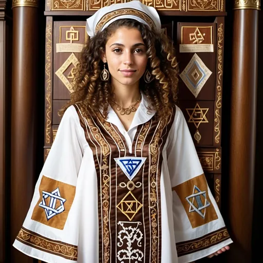 Prompt: elaborate embroided dress with jewish symbols, torah ark covering, brown women with bandana and curly hair. dress has jewish stripes 