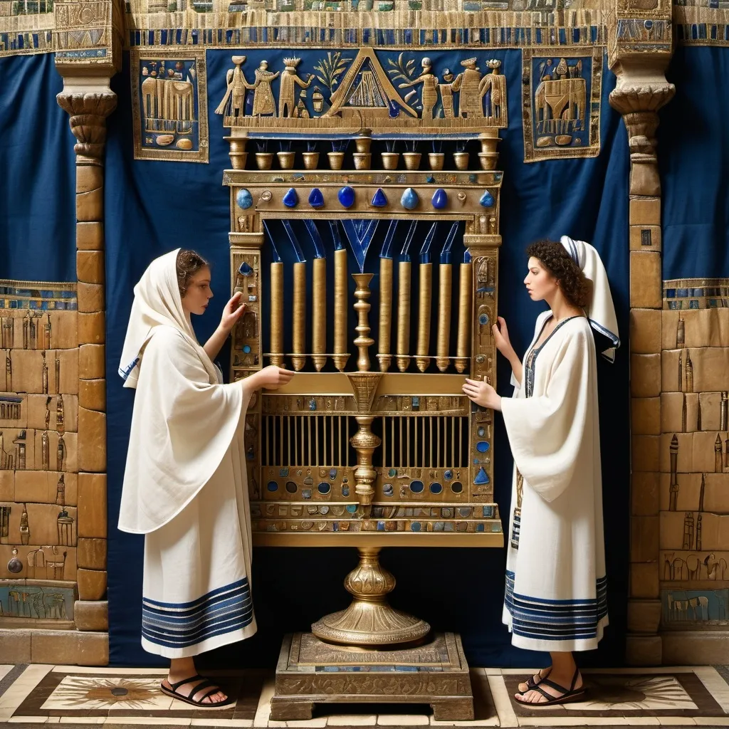 Prompt: elaborate embroided dark blue modest fringed dusty white dress with jewish symbols, torah ark covering, olive skin unhappy jewish couple with headwrap, kippa,  and dark curly hair, jewish sidelocks, clothes with blue jewish stripes and fringes and black leather bands, brown leather sandals, man and woman is in jerusalem detailed holy valves dark wood gold fountain jewish symbols menorah,  ancient civilization, 5 menorah on the floor jewish art, fringes, holding 7 armed candle menorah in hands, cultic, rituals, holding a papyrus scroll, mikve, fountain, spring pool, gemstones, biblical immersion pool, baptism in pool, more menorah on the floor, in the style of a 19th century european realist painting 
