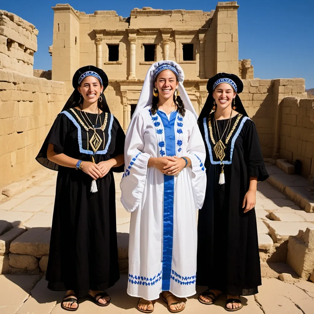 Prompt: 3 olive skin jewish women in modest black elaborate embroided modest shirt with blue jewish symbols white fringes, fringes, torah ark covering, the 3 olive skin women have black bandanas, skirt has black jewish stripes prayer shawl and fringes, gold jewelry, nose piercings, standing on a biblical ruin,, leather sandals, fringes tzitzit, brown, gold, elaborate, black, headwrap wig under