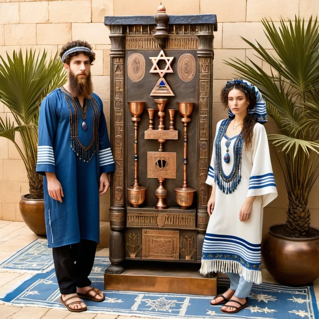 Prompt: elaborate embroided dark blue modest fringed dusty white dress with jewish symbols, torah ark covering, olive skin unhappy jewish couple with headwrap, kippa,  and dark curly hair, jewish sidelocks, clothes with blue jewish stripes and fringes and black leather bands, brown leather sandals, man and woman is in jerusalem detailed holy valves, copper menorah, jewel crystals, copper fountain jewish symbols, 4 smalll candlestick menorahs standing in a row next to two jews,  ancient civilization, 5 menorahs on the floor jewish art, fringes,palms trees, flowers, cultic, rituals, holding a papyrus scroll, mikve, two jews, fountain, spring pool, gemstones, biblical immersion pool, sofas, praying jews, bushes, date palm, blue flowers, in the style of a 19th century european realist painting 
