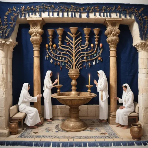 Prompt: elaborate embroided dark blue modest fringed dusty fringes white dress with jewish symbols on jewish women, torah ark covering, olive skin, elaborate, detailed, fruits  embroided,  blue jewish stripes and fringes and  on women, big columns, brown leather ,  in Jerusalem and dead sea, detailed holy valves, copper menorah, hebrew jewel crystals, copper fountain jewish symbols, ancient civilization, 5 menorahs on the floor jewish art, fringes, fig tree, flowers, cultic, rituals, a papyrus scroll, dead sea view, mikve, fountain, spring pool, sunny day, gemstones, biblical immersion pool, female warrior, sofas, praying jews, pomegranate tree, ,next to the dead sea, landscape view,, in the style of a 19th century european realist painting
