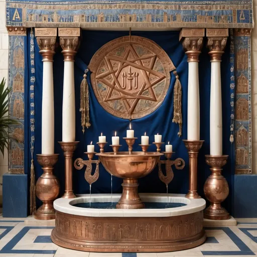 Prompt: big temple, elaborate embroided dark blue modest fringed dusty white dress with jewish symbols, torah ark covering, olive skin, elaborate, detailed, fruits and hebrew calligraphy embroided,  blue jewish stripes and fringes and black leather bands, big columns, brown leather ,  in tiberias sea of gallile, detailed holy valves, copper menorah, jewel crystals, copper fountain jewish symbols, 4 small candlestick menorahs, ancient civilization, 5 menorahs on the floor jewish art, fringes,palms trees, flowers, cultic, rituals, a papyrus scroll, mikve, fountain, spring pool, gemstones, biblical immersion pool, sofas, praying jews, bushes, date palm, blue flowers, in the style of a 19th century european realist painting
