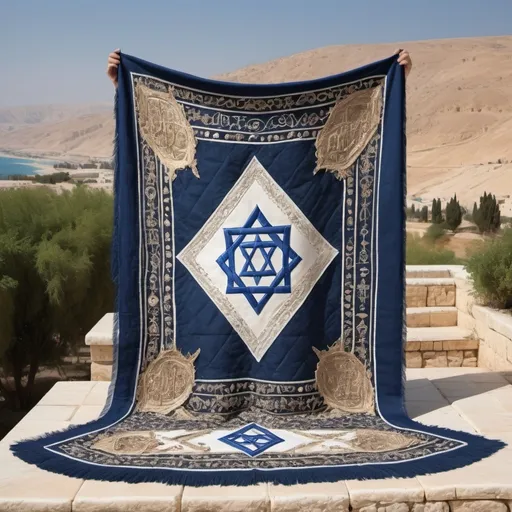 Prompt: elaborate embroided dark blue modest fringed dusty totem shield fringes white dress with jewish symbols on jewish women, torah ark covering ,on table, olive skin, elaborate, detailed, incense on table  embroided,  black jewish stripes and fringes and on women bandana fringes, big columns, brown leather ,  in Jerusalem and dead sea, detailed holy valves, cloth quilt, copper, hebrew jewel crystals, fountain jewish symbols, ancient civilization,  shield jewish art, fringes, flowers, cultic, rituals, a papyrus scroll, dead sea view, mikve, fountain, spring pool, sunny day, gemstones, sculpture, biblical immersion pool, female warrior, low sofas, praying jews, pomegranate tree, ,next to the dead sea, landscape view,, in the style of a 19th century european realist painting
