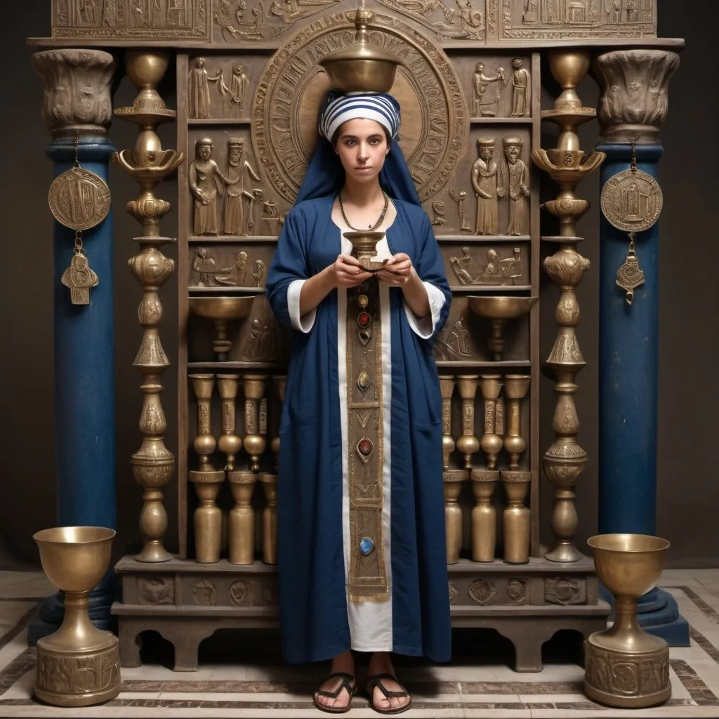 Prompt: elaborate embroided dark blue modest fringed dusty white dress with jewish symbols, torah ark covering, olive skin unhappy jewish lesbian women with headwrap, kippa, and dark curly hair, jewish sidelocks, clothes with blue jewish stripes and fringes and black leather bands, brown leather sandals,  lesbian women are in red sea petra, detailed holy valves dark wood gold fountain jewish symbols menorah, ancient civilization, jewish art, fringes, holding 7 armed candle menorah in left hand and bronze knife in right hand, cultic, rituals, holding one another, mikve, fountain, spring pool, gemstones, biblical immersion pool, baptism in pool, in the style of a 19th century european realist painting
 
