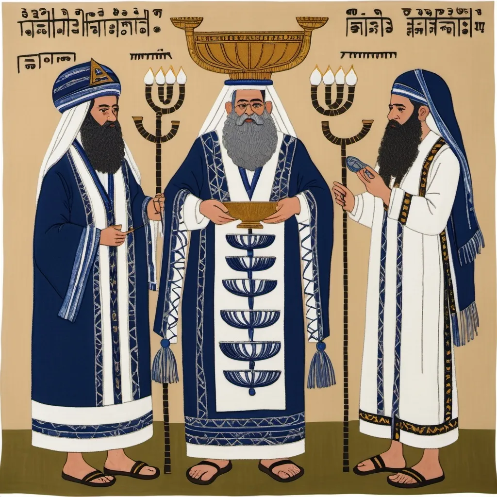 Prompt: elaborate embroided dark blue modest fringed dusty white dress with jewish symbols, torah ark covering, olive skin unhappy jewish couple with headwrap, kippa,  and dark curly hair, jewish sidelocks, clothes with blue jewish stripes and fringes and black leather bands, brown leather sandals, man and woman is in jerusalem detailed holy valves dark wood gold fountain jewish symbols menorah,  ancient civilization, jewish art, fringes, holding 7 armed candle menorah in hands, cultic, rituals, holding a papyrus scroll, mikve, fountain, spring pool, gemstones, biblical immersion pool, baptism in pool, in the style of a 19th century european realist painting 
