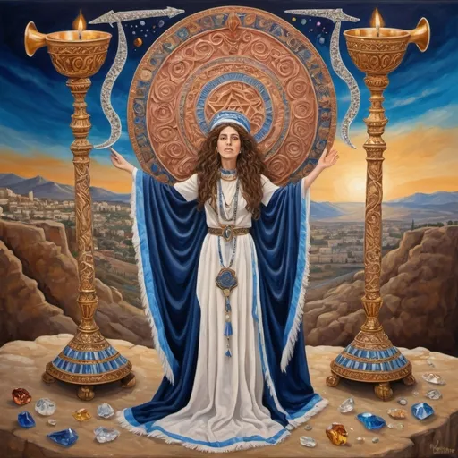 Prompt: elaborate surealism rose gold klimt painting, embroided dark blue fringed spiritual jewelry fringes white with jewish symbols on two brown skinned mizrahi jewish women flying laying holding hands trumpet, magic fringes jewish symbols scrolls, knives and spears floating in the lightning sunrise sky, leather sandals, swords and bow and arrow with eyes, shofar ivory horn, biblical rock cut tombs, eyes torah ark covering, fringed striped skirt, , alchemist, floating ibex horns shofar, painting, sky is red elaborate, ivory horn, davids slung, lapiz lazuli animal horn, pillars, amethyst, eyes, jewish, two women floating in space blowing a horn, crystals growing, detailed, standing on in jerusalem hill, incense embroided, black jewish clothing stripes and fringes and on 2 women, blue and white linen with fringes, prayer shawl, in Jerusalem and dead sea, jupiter, detailed holy valves, forgivness, hebrew crystals, torah scroll, fountain jewish symbols, curly hair olive skin, ancient civilization, jewelry, shofar ram horn, levitating, menorah, 2 women supporting each-other feminism, glitter on table, shining art, jewish art, fringes, flowers, shofar, cultic, rituals, dead sea view, visual illusions, bugle horn, spring pool, meteor, menorah, torah scroll, illusion, jewish stars, smoke hypnotic, gemstones, saying goodbye, women dancing, rosh hashana, sculpture, biblical, burgundy sky, crystals, warrior blowing horn,, praying jews, ancient mound, blowing the horn, mystery, next to the dead sea, landscape view, in the style of a surrealist painting, in the style of klimt painting
