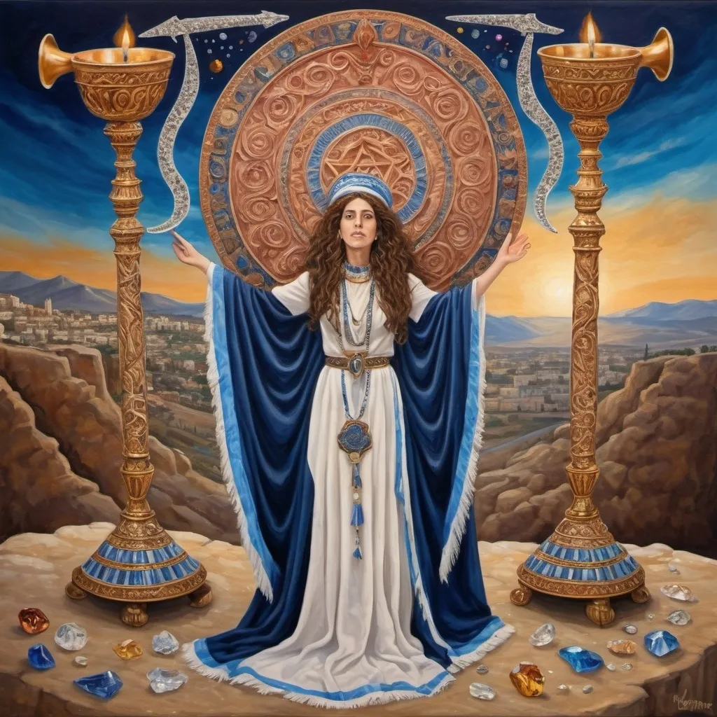 Prompt: elaborate surealism rose gold klimt painting, embroided dark blue fringed spiritual jewelry fringes white with jewish symbols on two brown skinned mizrahi jewish women flying laying holding hands trumpet, magic fringes jewish symbols scrolls, knives and spears floating in the lightning sunrise sky, leather sandals, swords and bow and arrow with eyes, shofar ivory horn, biblical rock cut tombs, eyes torah ark covering, fringed striped skirt, , alchemist, floating ibex horns shofar, painting, sky is red elaborate, ivory horn, davids slung, lapiz lazuli animal horn, pillars, amethyst, eyes, jewish, two women floating in space blowing a horn, crystals growing, detailed, standing on in jerusalem hill, incense embroided, black jewish clothing stripes and fringes and on 2 women, blue and white linen with fringes, prayer shawl, in Jerusalem and dead sea, jupiter, detailed holy valves, forgivness, hebrew crystals, torah scroll, fountain jewish symbols, curly hair olive skin, ancient civilization, jewelry, shofar ram horn, levitating, menorah, 2 women supporting each-other feminism, glitter on table, shining art, jewish art, fringes, flowers, shofar, cultic, rituals, dead sea view, visual illusions, bugle horn, spring pool, meteor, menorah, torah scroll, illusion, jewish stars, smoke hypnotic, gemstones, saying goodbye, women dancing, rosh hashana, sculpture, biblical, burgundy sky, crystals, warrior blowing horn,, praying jews, ancient mound, blowing the horn, mystery, next to the dead sea, landscape view, in the style of a surrealist painting, in the style of klimt painting
