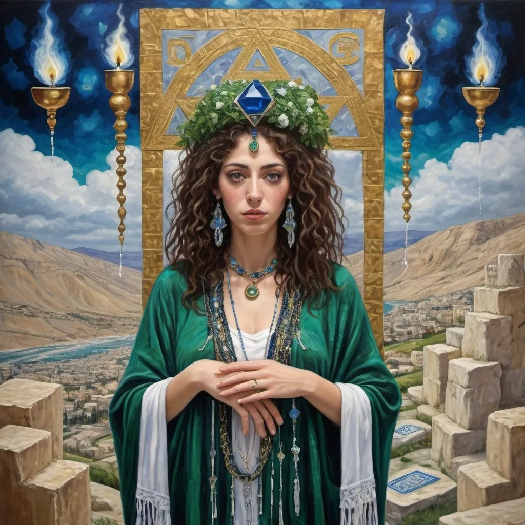 Prompt: elaborate surealism emerald klimt painting, embroided dark blue fringed spiritual jewelry fringes white with jewish symbols on two brown skinned mizrahi jewish women flying laying holding hands, magic fringes jewish cotton bandana, knives and spears floating in the green sky, rainy day, leather sandals, swords and bow and arrow with eyes, golden foot link, geologic wild growing crystals, eyes torah ark covering, fringed striped skirt, smoke and steam coming from sculpture,alchemist, floating crown, painting, sky is green, elaborate, davids slung, lapiz lazuli table, amethyst, eyes, jewish, two women floating in space, crystals growing, detailed, standing on in jerusalem hill, incense embroided, black jewish clothing stripes and fringes and on 2 women, blue and white linen with fringes, prayer shawl, in Jerusalem and dead sea, detailed holy valves, hebrew crystals, torah scroll, fountain jewish symbols, curly hair olive skin, ancient civilization, jewelry, shabbat dinner table, levitating, menorah, 2 women supporting each-other feminism, glitter, shining art, jewish art, fringes, flowers, cultic, rituals, dead sea view, visual illusions, spring pool, rain, menorah, torah scroll, illusion, jewish stars, smoke, hypnotic, three women gemstones, sculpture, biblical, clouds, crystals, warrior, praying jews, ancient mound, mystery, next to the dead sea, landscape view,, in the style of a surrealist painting, in the style of klimt painting
