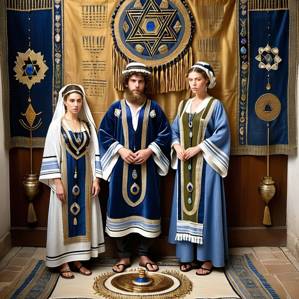 Prompt: elaborate embroided dark blue modest fringed dusty white dress with jewish symbols, torah ark covering, olive skin unhappy jewish couple with headwrap, kippa,  and dark curly hair, jewish sidelocks, clothes with blue jewish stripes and fringes and black leather bands, brown leather sandals, man and woman is in jerusalem detailed holy valves, several menorahs on floor, jewel crystals, gold fountain jewish symbols several small menorahs standing,  ancient civilization, 5 menorahs on the floor jewish art, fringes, several 7 armed candle menorah, cultic, rituals, holding a papyrus scroll, mikve, fountain, spring pool, gemstones, biblical immersion pool, baptism in pool, more menorah on the floor, in the style of a 19th century european realist painting 
