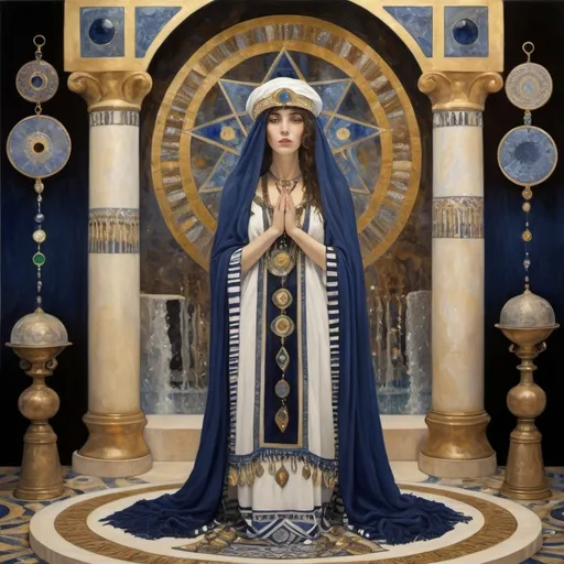 Prompt: elaborate abstract gustav klimt jugend painting, embroided dark blue fringed spiritual jewelry fringes white with jewish symbols on brown skinned mizrahi jewish woman flying, magic fringes bandana snood, leather sandals, golden foot link, eyes torah ark covering, fringed striped skirt, smoke and steam coming from pottery ,alchemist, , elaborate, eyes, jewish, crystals growing, detailed, standing on desert spring, incense embroided, black jewish stripes and fringes and on women fringes, big columns, in Jerusalem and dead sea, detailed holy valves,, hebrew crystals, fountain jewish symbols, ancient civilization, jewelry, menorah, jewish art, fringes, flowers, cultic, rituals, dead sea view, mikve, fountain, visual illusions, spring pool, sunny day, menorah, illusion, jewish stars, smoke, hypnotic, gemstones, sculpture, biblical immersion pool, crystals, female warrior, praying jews, pomegranate tree, mystery, next to the dead sea, landscape view,, in the style of a gustav klimt painting, in the style of gustav klimt vienna secession painting
