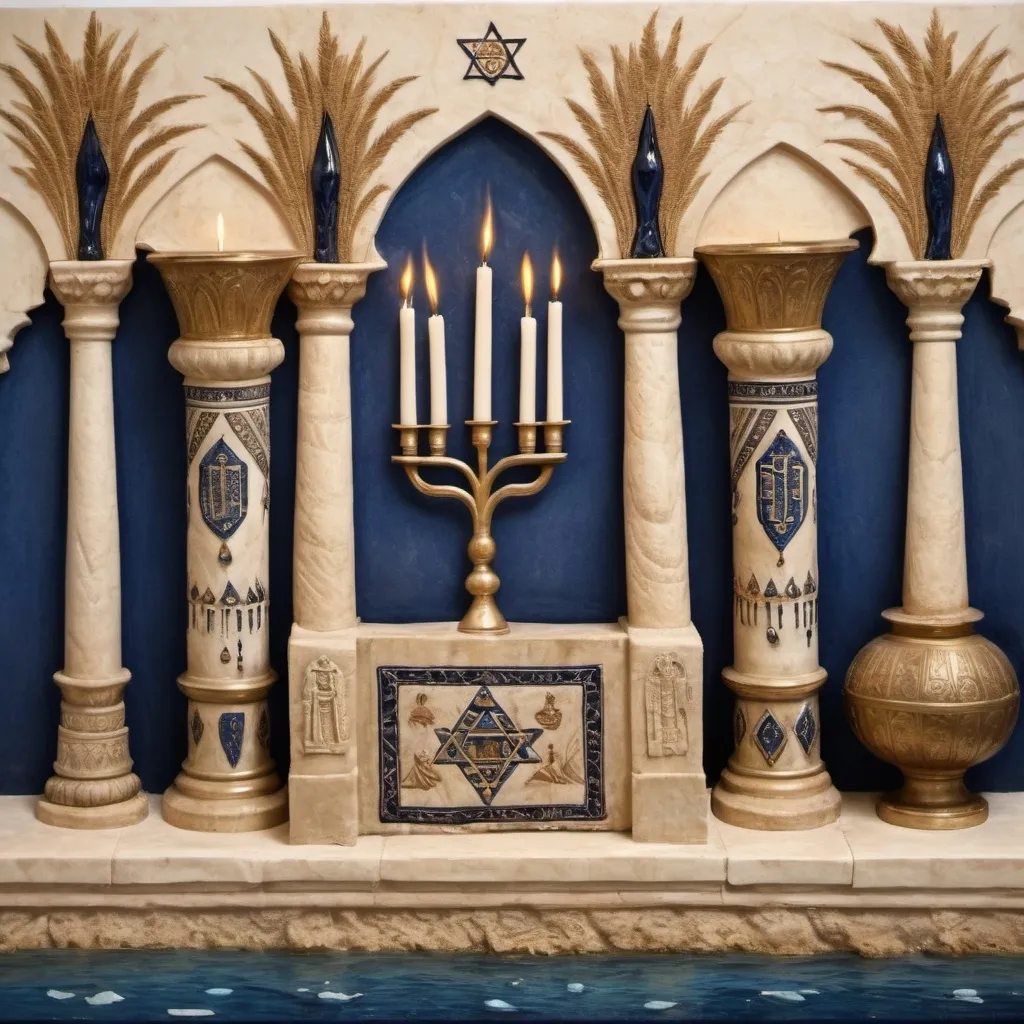 Prompt: elaborate embroided dark blue modest fringed dusty white dress with jewish symbols on warrior women, torah ark covering, olive skin, elaborate, detailed, fruits and hebrew calligraphy embroided,  blue jewish stripes and fringes and black leather bands, big columns, brown leather ,  in Jerusalem and dead sea, detailed holy valves, copper menorah, jewel crystals, copper fountain jewish symbols, 4 small candlestick menorahs, ancient civilization, 5 menorahs on the floor jewish art, fringes,palms trees, flowers, cultic, rituals, a papyrus scroll, dead sea view, mikve, fountain, spring pool, gemstones, biblical immersion pool, sofas, praying jews, bushes, date palm, blue flowers, next to the dead sea, landscape view, in the style of a 19th century european realist painting
