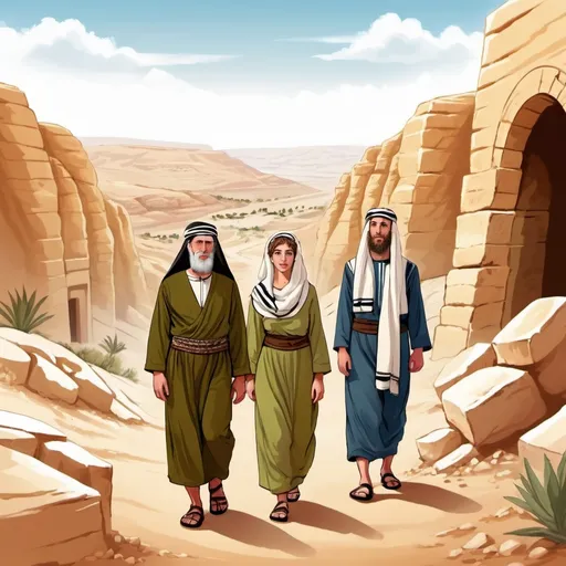 Prompt: maktesh negev desert illustration, 3 jewish olive skinned kibbutz men and women in traditonal jewish biblical clothing, and jewish tomb in the middle of canyon