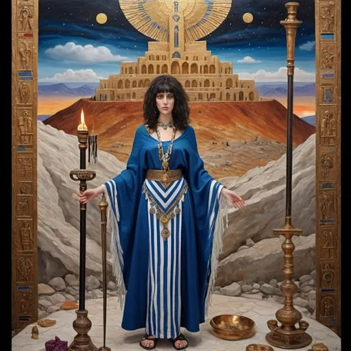 Prompt: elaborate surealism copper klimt painting, embroided dark blue fringed spiritual jewelry fringes white with jewish symbols on two brown skinned mizrahi jewish women flying laying holding hands, magic fringes jewish cotton bandana, knives and spears floating in the blood red sky, rainy day, leather sandals, swords and bow and arrow with eyes, golden foot link, geologic wild growing crystals, eyes torah ark covering, fringed striped skirt, smoke and steam coming from sculpture,alchemist, , floating crown, elaborate, saber sword, lapiz lazuli cliff mine, amethyst, eyes, jewish, two women floating in space, crystals growing, red sky, detailed, standing on in jerusalem hill, incense embroided, black jewish clothing stripes and fringes and on 2 women, blue and white linen with fringes, prayer shawl, in Jerusalem and dead sea, detailed holy valves, hebrew crystals, torah scroll, fountain jewish symbols, black hair olive skin, ancient civilization, jewelry, sword in ground, levitating, menorah, 2 women supporting eachother femenism, glitter, shining art, jewish art, fringes, flowers, cultic, rituals, dead sea view, visual illusions, spring pool, rain, menorah, torah scroll, illusion, jewish stars, smoke, hypnotic, gemstones, sculpture, biblical, clouds, crystals, warrior, praying jews, ancient mound, mystery, next to the dead sea, landscape view,, in the style of a surealist painting, in the style of klimt painting
