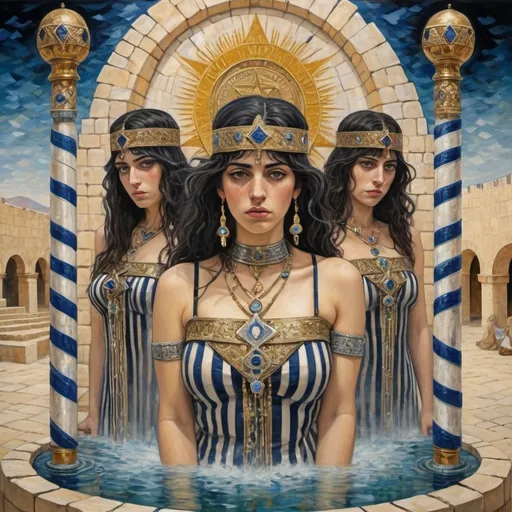 Prompt: elaborate abstract gustav klimt jugend painting, embroided dark blue fringed spiritual modest jewelry fringes white with jewish symbols on brown skinned mizrahi modest jewish woman knight fighting war in striped blue and white fringed modest jewish armor shirt, magic swords in their hands, warrior women in bandana, leather sandals, menorah star of david swords, golden jewish swords, eyes torah ark covering, fringed striped modest skirt, smoke and steam coming from pottery ,3 women fighting war, jewish shield, jewish weapon, pulling sword from the earth, , black hair, elaborate israeli , floating ocean golden evil eyes, jewish, crystals growing, detailed, standing on in jerusalem hill, pink and green jewish sky, ancient soldiers, swimming, incense embroided, black jewish stripes clothing and fringes and on women fringes, big columns, in Jerusalem and dead sea, detailed holy valves,, hebrew 3 women fighting war and 1 on the ground kissing the earth fountain jewish symbols, ancient civilization, jewelry, menorah, jewish art, fringes, flowers, cultic, rituals, dead sea view, mikve, fountain, visual illusions, knives laying down, spring pool, sunset, menorah, illusion, knives on the ground, jewish stars, smoke, hypnotic, beauty, in the dead seagemstones, sculpture, biblical immersion pool, 3 women fighting war elaborate and 1 on the ground kissing the earth, female warrior, praying jews, war battle, swords in ground, mystery, next to the dead sea, landscape view,, in the style of a gustav klimt surealism painting, in the style of gustav klimt vienna surealist painting
