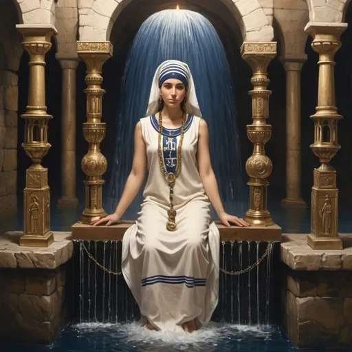 Prompt: elaborate embroided dark blue modest fringed dusty white dress with jewish symbols, torah ark covering, olive skin unhappy jewish lesbian women with headwrap, kippa, and dark curly hair, large room in temple, clothes with blue jewish stripes and fringes and black leather bands, brown leather sandals, lesbian women are in waterfall detailed holy valves dark wood gold fountain jewish symbols menorah, ancient civilization, jewish art, fringes, holding 7 armed candle menorah in left hand and bronze knife in right hand, cultic, rituals, holding one another, mikve, fountain, spring pool, gemstones, biblical immersion pool, baptism in pool, in the style of a 19th century european realist painting
