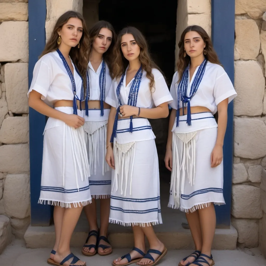 Prompt: 3 olive skin jewish women in trendy casual elaborate embroided modest shirt with dark blue jewish symbols white fringes, of the shopulder, fringes, torah ark covering, the 3 olive skin women have blue bandanas, skirt has jewish stripes prayer shawl and fringes, gold jewelry, nose piercing, standing on a biblcial ruin, leather sandals, white fringes tzitzit 
