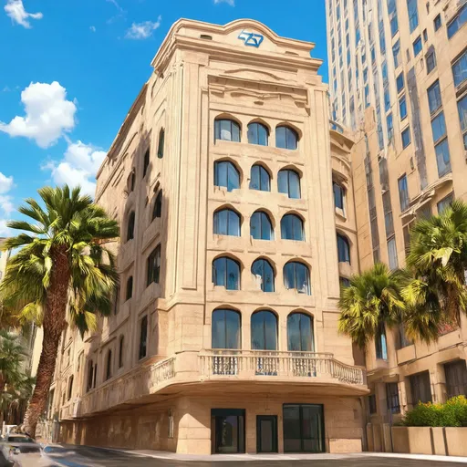 Prompt: white and sandstone art deco glass skyscrapers with jewish symbols and hebrew symbols on its sides in tel aviv, art deco, detailed, hd, baloconies, palm trees, sandstone, large balconies, large windows
 detailed 19th century European realist painting