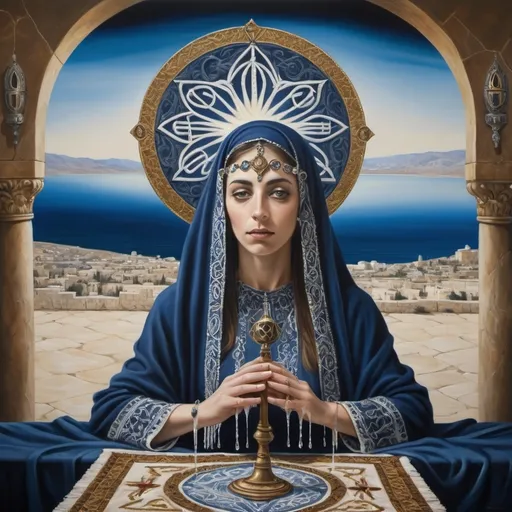 Prompt: elaborate painting embroided dark blue modest fringed spiritual shield with eye fringes white with jewish symbols on jewish women meditating, torah ark covering, smoke and steam coming from pottery ,meditation, , elaborate, jewish, crystals growing, detailed, incense  embroided,  black jewish stripes and fringes and on women fringes, big columns, brown leather ,  in Jerusalem and dead sea, detailed holy valves,, hebrew crystals, fountain jewish symbols, ancient civilization,  shield and sword, jewish art, fringes, flowers, cultic, rituals, dead sea view, mikve, fountain, visual illusions, spring pool, sunny day, menorah, illusion, hypnotic, gemstones, sculpture, biblical immersion pool, crystals, female warrior, praying jews, pomegranate tree, ,next to the dead sea, landscape view,, in the style of a surrealist Salvador Dali painting, in the style of a magritte painting
