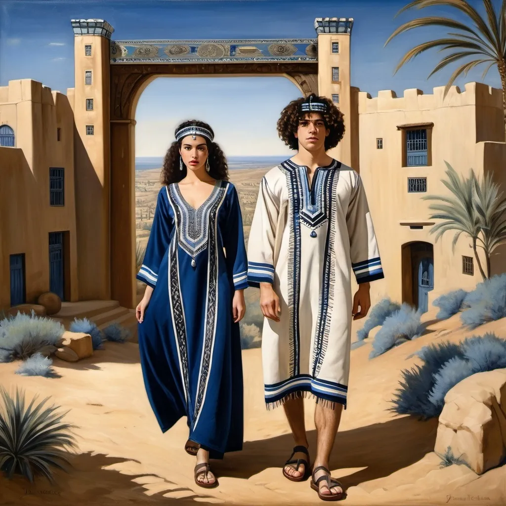 Prompt: elaborate embroided dark blue modest fringed dusty white dress with jewish symbols, torah ark covering, olive skin unhappy jewish couple with headwrap, kippa, and dark curly hair, jewish sidelocks, clothes with blue jewish stripes and fringes and black leather bands, brown leather sandals, man and woman is in Tiberias, detailed art jewish symbols menorah arch gate, ancient civilization, jewish art, fringes, cultic, rituals, holding a papyrus scroll,, gemstones, biblical cermony, pool on a hilltop, in the style of a 19th century european realist painting
