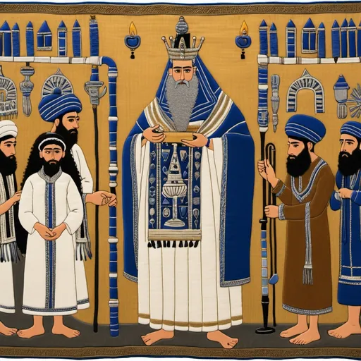 Prompt: elaborate embroided dark blue modest fringed dusty white dress with jewish symbols, torah ark covering, olive skin unhappy jewish couple with headwrap, kippa,  and dark curly hair, jewish sidelocks, clothes with blue jewish stripes and fringes and black leather bands, brown leather sandals, man and woman is in jerusalem detailed holy valves dark wood gold fountain jewish symbols menorah,  ancient civilization, jewish art, fringes, holding 7 armed candle menorah in hands, cultic, rituals, holding a papyrus scroll, mikve, fountain, spring pool, gemstones, biblical immersion pool, baptism in pool, in the style of a 19th century european realist painting 
