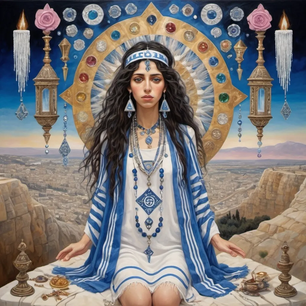 Prompt: elaborate surealism silver klimt painting, embroided dark blue fringed spiritual jewelry fringes white with jewish symbols on two brown skinned mizrahi jewish women flying holding hands, magic fringes cloth bandana, colorfull knives and spears floating in the pink sky, rainy day, leather sandals, swords and bow and arrow with eyes, golden foot link, geologic crystlas, eyes torah ark covering, fringed striped skirt, smoke and steam coming from pottery ,alchemist, , gloating crown, elaborate, eyes, jewish, two women floating in space, crystals growing, detailed, standing on in jerusalem hill, incense embroided, black jewish clothing stripes and fringes and on 2 women, blue and white linen with fringes, prayer shawl, in Jerusalem and dead sea, detailed holy valves, hebrew crystals, fountain jewish symbols, black hair olive skin, ancient civilization, jewelry, levitating, menorah, 2 women supporting eachother femenism, glitter, shining art, jewish art, fringes, flowers, cultic, rituals, dead sea view, visual illusions, spring pool, rain, menorah, illusion, jewish stars, smoke, hypnotic, gemstones, sculpture, biblical, clouds, crystals, warrior, praying jews, ancient mound, mystery, next to the dead sea, landscape view,, in the style of a surealist painting, in the style of klimt painting
