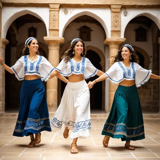 Prompt: 5 olive skin jewish women in trendy casual elaborate embroided modest shirt dancing holding hands with dark blue jewish symbols white fringes, fringes, torah ark covering, the 3 olive skin women have blue bandanas, skirt has jewish stripes prayer shawl and fringes, horrah dancing, folk dancing, gold jewelry, nose piercings, standing on a biblical ruin, dancing, leather sandals, fringes tzitzit, brown, green, gold, elaborate, beige, dancing hand in hand