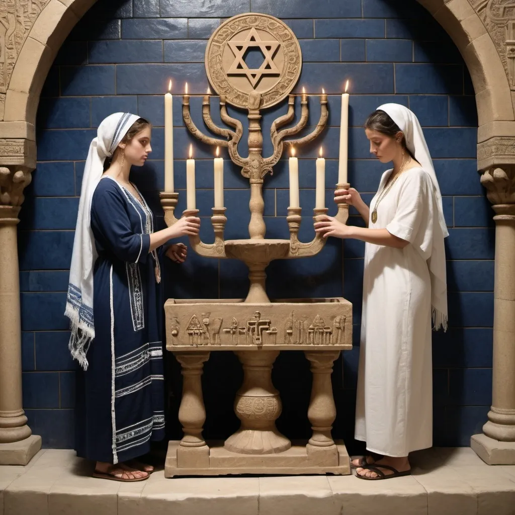 Prompt: two women in elaborate embroided dark blue modest fringed dusty white dress with jewish symbols, torah ark covering, olive skin unhappy jewish lesbian women with headwrap, kippa, knife, and dark curly hair, jewish sidelocks, clothes with blue jewish stripes and fringes and black leather bands, brown leather sandals,  lesbian women are in hilltop waterfall, detailed sandstone wood gold fountain jewish symbols menorah, ancient civilization, jewish art, fringes, holding 7 armed candle menorah in left hand and bronze knife in right hand, cultic, rituals, holding one another, mikve, fountain, spring pool, gemstones, biblical immersion pool, baptism in pool, in the style of a 19th century european realist painting
 
