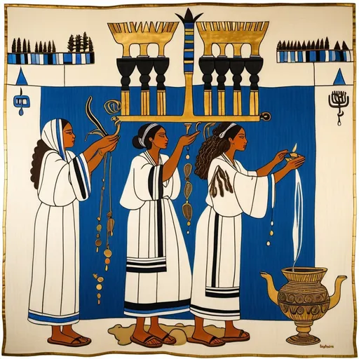 Prompt: elaborate embroided dark blue modest fringed dusty white dress with jewish symbols, torah ark covering, olive skin unhappy jewish couple with headwrap, kippa,  and dark curly hair, jewish sidelocks, clothes with blue jewish stripes and fringes and black leather bands, brown leather sandals, man and woman is in jerusalem detailed holy valves dark wood gold fountain jewish symbols menorah,  ancient civilization, jewish art, fringes, holding 7 armed candle menorah in hands, cultic, rituals, holding a papyrus scroll, mikve, fountain, spring pool, gemstones, biblical immersion pool, baptism in pool, in the style of a 19th century european realist painting 
