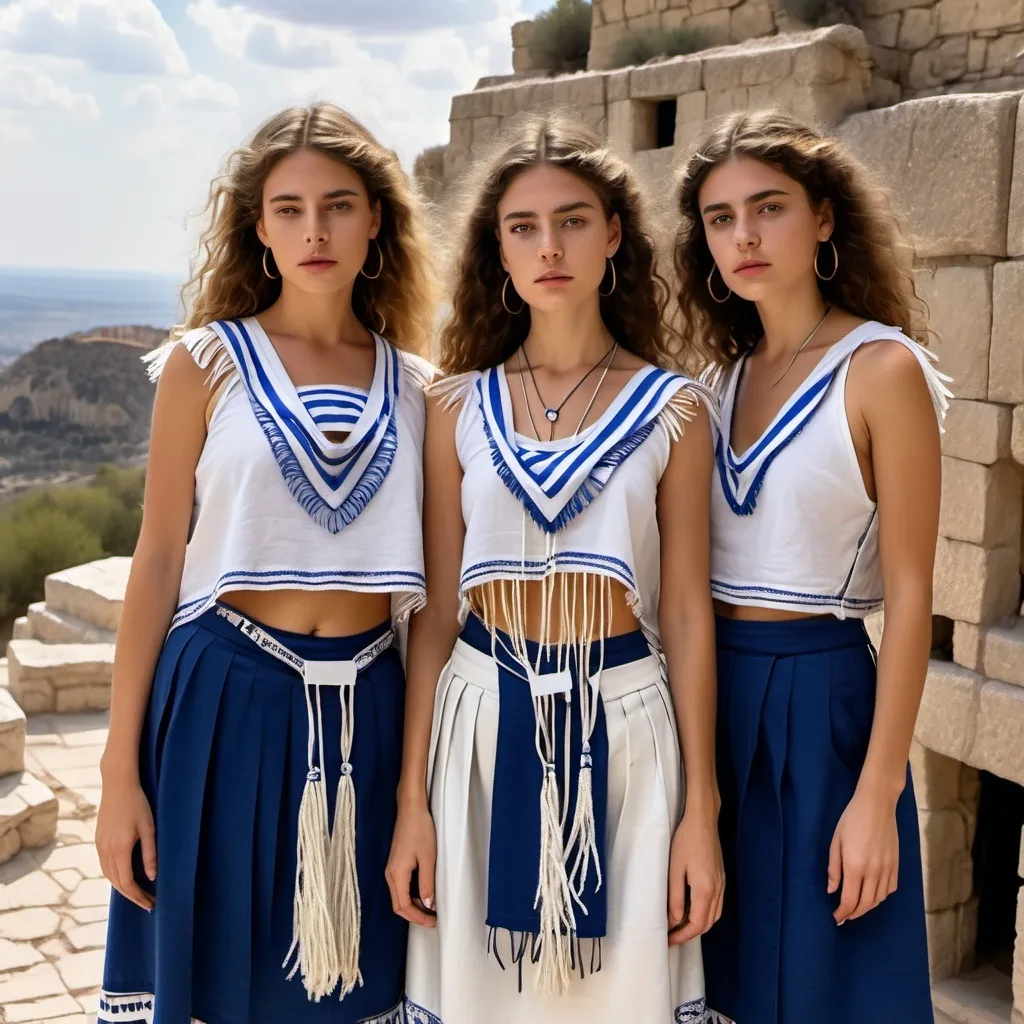 Prompt: 3 olive skin jewish women in trendy casual elaborate embroided crop top with dark blue jewish symbols white fringes, of the shopulder, fringes, torah ark covering, the 3 olive skin women have blue bandanas, skirt has jewish stripes prayer shawl and fringes, gold jewelry, nose piercing, standing on a biblcial ruin, leather sandals, white fringes tzitzit 
