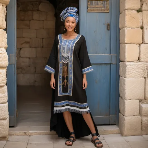 Prompt: elaborate embroided dark black modest dress with jewish symbols, torah ark covering, olive skin women with headwrap and dark hair. dress has blue jewish stripes and fringes, leather sandals, women is in jerusalem western wall vaults
