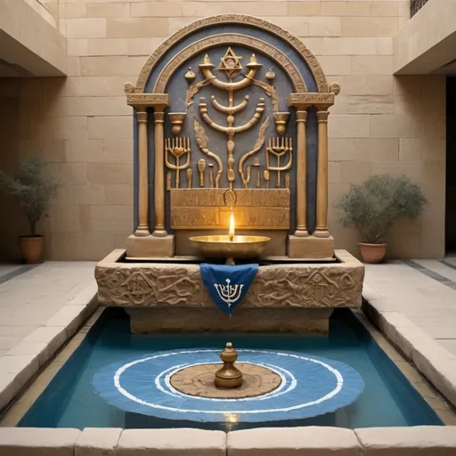 Prompt: elaborate embroided dark blue modest fringed dusty white dress with jewish symbols, torah ark covering, olive skin unhappy jewish lesbian women with headwrap, kippa, knife, and dark curly hair, jewish sidelocks, clothes with blue jewish stripes and fringes and black leather bands, brown leather sandals,  lesbian women are in hilltop waterfall, detailed sandstone wood gold fountain jewish symbols menorah, ancient civilization, jewish art, fringes, holding 7 armed candle menorah in left hand and bronze knife in right hand, cultic, rituals, holding one another, mikve, fountain, spring pool, gemstones, biblical immersion pool, baptism in pool, in the style of a 19th century european realist painting
 
