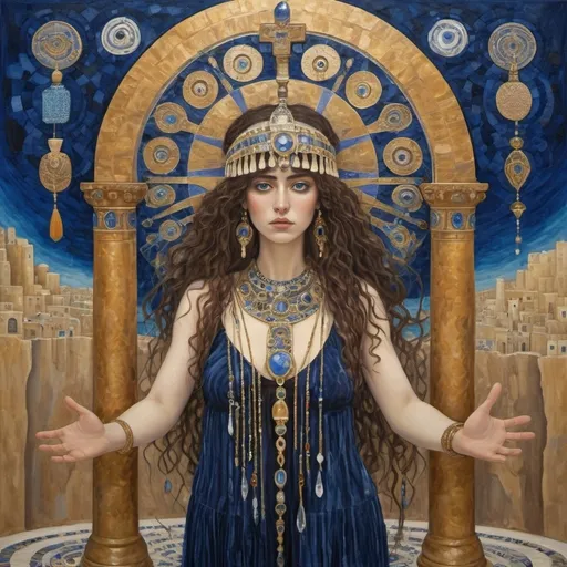 Prompt: elaborate abstract gustav klimt jugend painting, embroided dark blue modest fringed spiritual jewelry fringes white with jewish symbols on brown skinned mizrahi jewish woman flying, magic fringes bandana, leather sandals, golden foot link, eyes torah ark covering, fringed skirt, smoke and steam coming from pottery ,alchemist, , elaborate, eyes, jewish, crystals growing, detailed, incense embroided, black jewish stripes and fringes and on women fringes, big columns, brown leather , in Jerusalem and dead sea, detailed holy valves,, hebrew crystals, fountain jewish symbols, ancient civilization, jewelry, shield and sword, jewish art, fringes, flowers, cultic, rituals, dead sea view, mikve, fountain, visual illusions, spring pool, sunny day, menorah, illusion, many warriors, smoke, hypnotic, gemstones, sculpture, biblical immersion pool, crystals, female warrior, praying jews, pomegranate tree, mystery, next to the dead sea, landscape view,, in the style of a gustav klimt painting, in the style of gustav klimt vienna secession painting
