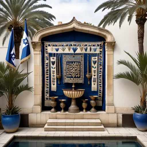 Prompt: elaborate embroided dark blue modest fringed dusty white dress with jewish symbols, torah ark covering, olive skin unhappy jewish couple with headwrap, kippa,  and dark curly hair, jewish sidelocks, clothes with blue jewish stripes and fringes and black leather bands, brown leather sandals, man and woman is in jerusalem detailed holy valves, copper menorah, jewel crystals, coppet fountain jewish symbols several small menorahs standing next to two jews,  ancient civilization, 5 menorahs on the floor jewish art, fringes, several 7 armed candle menorah standing beside couple, palms trees, flowers, cultic, rituals, holding a papyrus scroll, mikve, fountain, spring pool, gemstones, biblical immersion pool, sofas, praying jews, bushes, date palm, blue flowers, in the style of a 19th century european realist painting 
